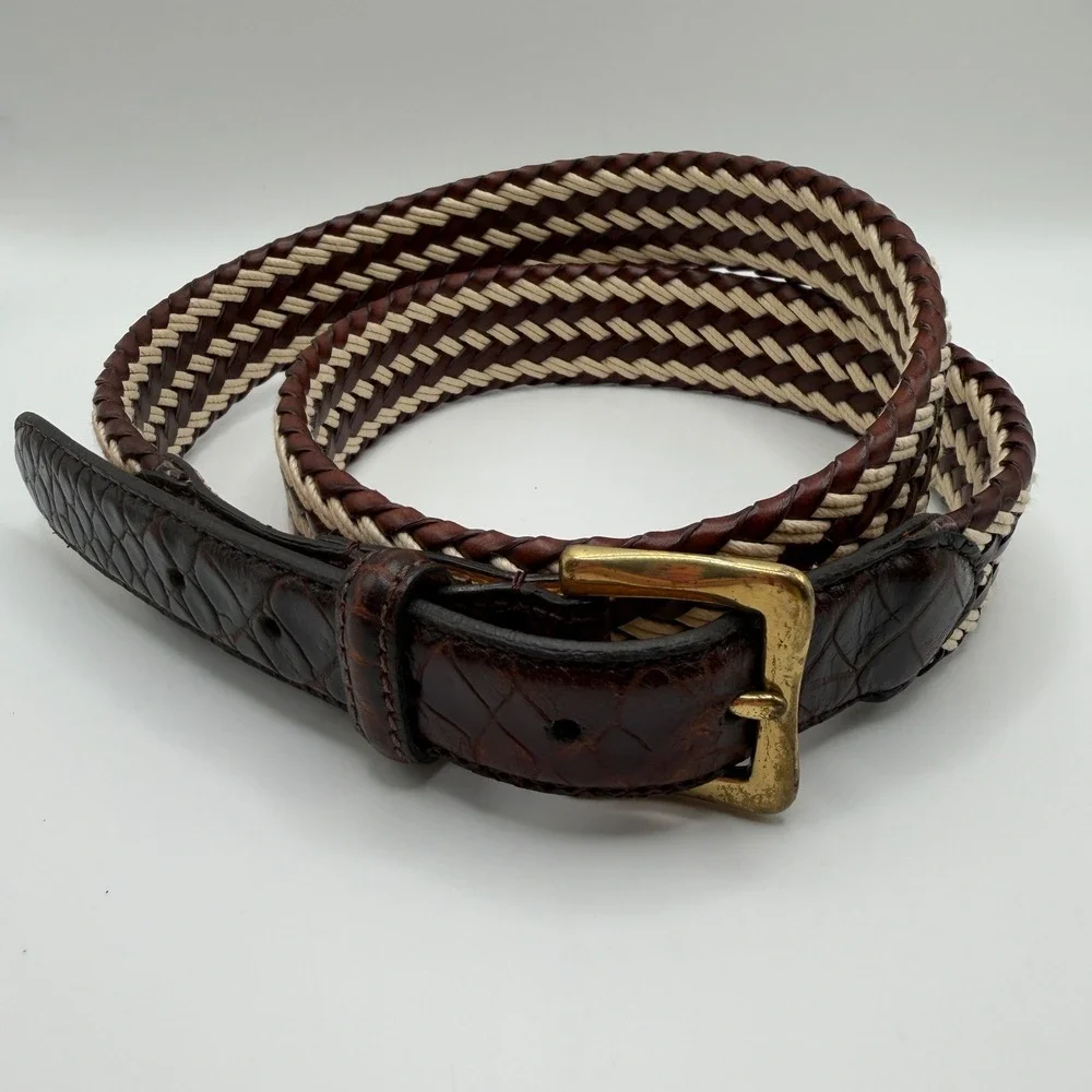 Mens Woven Braided Leather Belt Brown Cream Crocodile Embossed Size 38